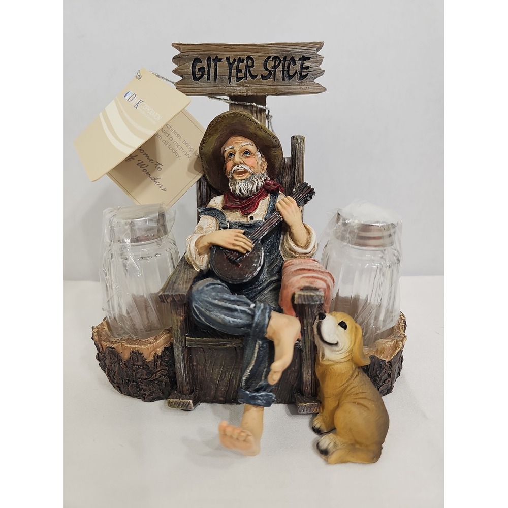 "Git Yer Spice" Hillbilly Banjo Player - Salt & Pepper Shaker Set-NWT -DWK Corp